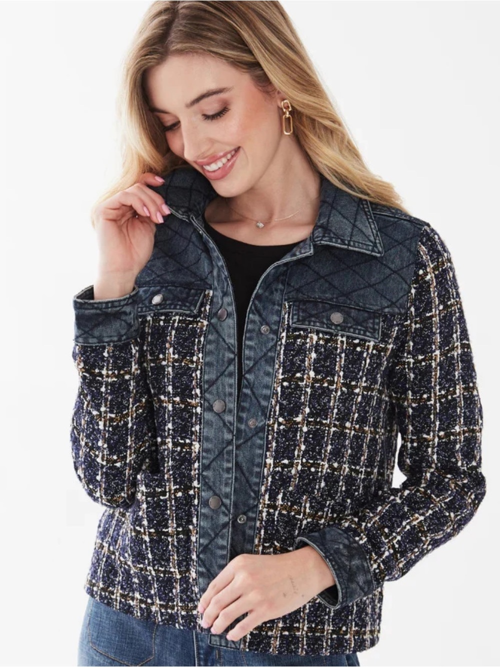 FDJ Quilted Denim-Trim Tweed Jacket